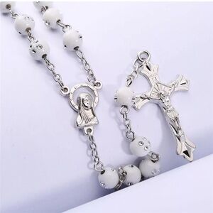 White 8mm Beaded Rosary Necklace